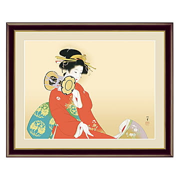 アート 額絵 鼓の音 上村 松園 本紙サイズ F4(約31x23cm) 額サイズ 42x34cm 三幸