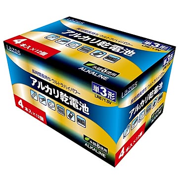 【12個セット】Lazos 単3アルカリ乾電池（4本入） LA-T3X4-12P