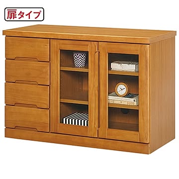 天然木 リビングボード/収納棚 【約幅90cm】 木製 引き出し付き ガラス 〔ダイニング〕