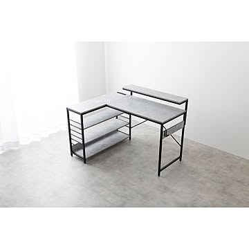 デスク、モニター台、ラックが一体となったL字型デスク