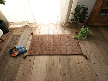 ブラウン インドギャッベマット 約70x120cm 正方形 ウール100％ ホットカーペット対応 床暖