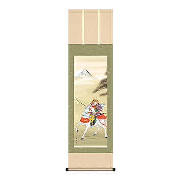掛け軸 白馬武者 長江桂舟 44.5x164cm 三幸