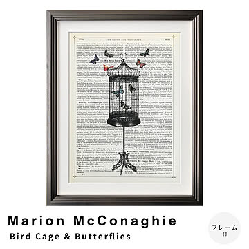 Marion McConaghie（マリオン マコネギー） Bird Cage & Butterflies アートポスター（フレーム付き） m13433