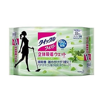 （まとめ）花王 クイックルワイパー立体吸着ウエットシート シトラスハーブの香り 1セット（96枚：32枚×3パック）【×3セット】