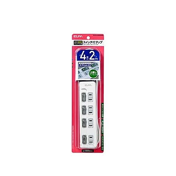 （まとめ） ELPA スイッチ付タップ LEDランプ 上挿し 4個口 2m WLS-LU42EB（W） 【×5セット】