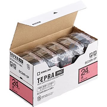テプラ PROテープカートリッジ カラーラベル「パステル」 24mm 赤（黒文字） 5個入エコパック