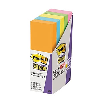 (まとめ) 3M ポストイット 強粘着ふせん 75×25mm ネオンカラー5色 500-5SSAN 1パック（5冊）  【×10セット】