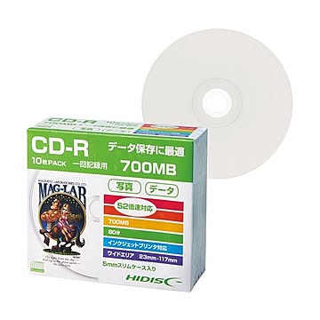 （まとめ）ハイディスク データ用CD-R700MB 52倍速 ホワイトワイドプリンタブル 5mmスリムケース HDCR80GP10SC1パック(10枚) 【×10セット】