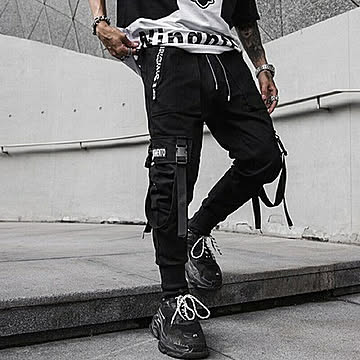 【在庫限り】両足ベルト カーゴパンツ  Lサイズ  ダンス 原宿系ファッション 韓国風 ダンス衣装 POP ズボン 切り替え LOGO ロゴ 英字 ユニセックス 男女兼用 ヒップホップ