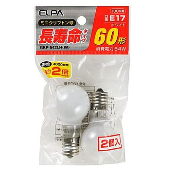 （まとめ） ELPA 長寿命ミニクリプトン球 電球 60W形 E17 ホワイト 2個入 GKP-542LH（W） 【×20セット】
