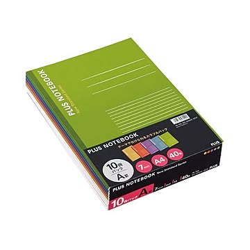 （まとめ） プラス ノートブック A4 A罫7mm40枚 イエロー・オレンジ・パープル・ブルー・グリーン NO-204AS-10CP1パック（10冊：各色2冊） 【×5セット】