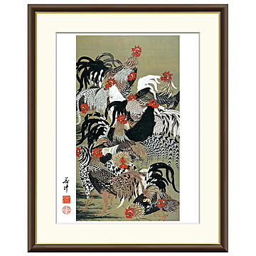 額絵 群鶏図 伊藤若冲 52x42cm 三幸