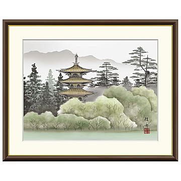 額絵 幽山塔景 長江桂舟 52x42cm 三幸