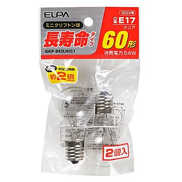 （まとめ） ELPA 長寿命ミニクリプトン球 電球 60W形 E17 クリア 2個入 GKP-542LH（C） 【×20セット】