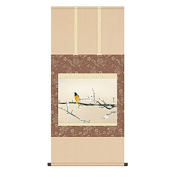 掛け軸 梅花小禽図 川端龍子 54.5x115cm 三幸