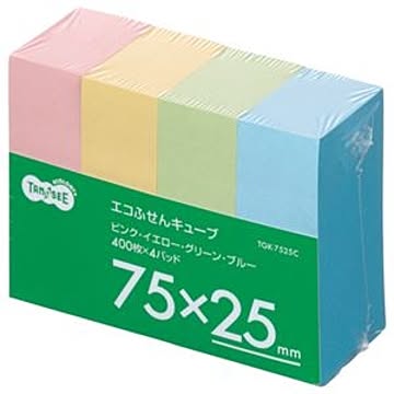 （まとめ） TANOSEE エコふせん キューブ 75×25mm 4色 1パック（4冊） 【×10セット】