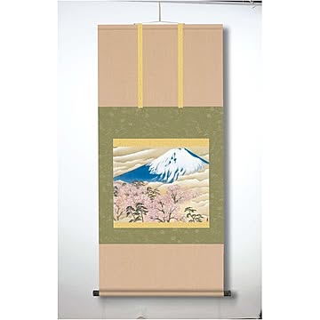 【横山大観生誕150年】富士図・富士絵画・高精彩特色技術絵■横山大観　霊峰富士掛軸(尺五)　冨士に桜図