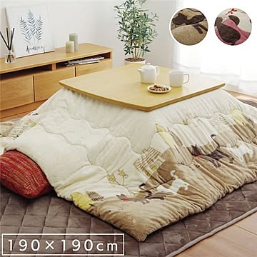 猫柄 こたつ布団/こたつ掛け布団 【ピンク 約190×190cm】 正方形 洗える 保温性 フランネル 〔リビング ダイニング〕【代引不可】