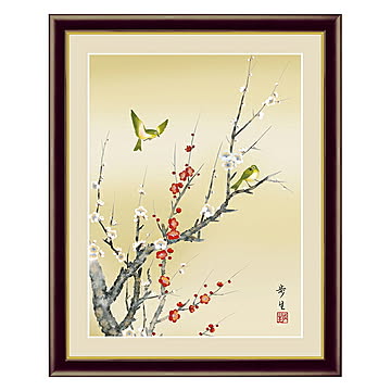 アート 額絵 紅白梅に鶯 北山 歩生 本紙サイズ F4(約31x23cm) 額サイズ 42x34cm 三幸
