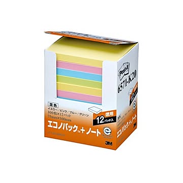 （まとめ） 3M ポストイット エコノパック ノート 再生紙 75×100mm 混色 6571-K20 1パック（12冊） 【×2セット】