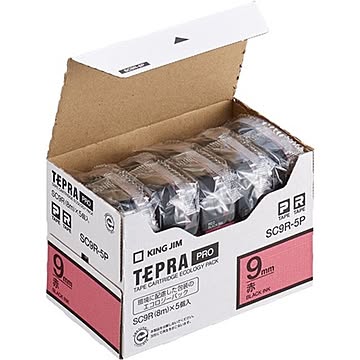 テプラ PROテープカートリッジ カラーラベル「パステル」 9mm 赤（黒文字） 5個入エコパック