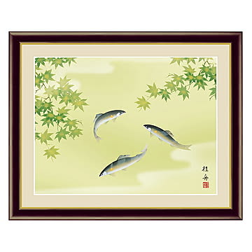 アート 額絵 楓に鮎 長江 桂舟 本紙サイズ F4(約31x23cm) 額サイズ 42x34cm 三幸