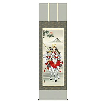 掛け軸 白馬武者 長江桂舟 54.5x190cm 三幸