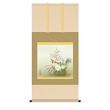 掛け軸 四君子 田村竹世 54.5x115cm 三幸