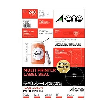 （まとめ）エーワン ラベルシール[プリンタ兼用]ハイグレードタイプ マット紙・ホワイト A4 12面 丸型60mm 75412 1冊（20シート）【×10セット】