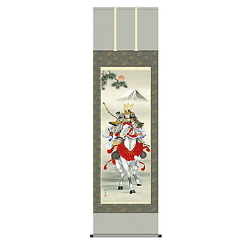 掛け軸 白馬武者 長江桂舟 54.5x190cm 三幸