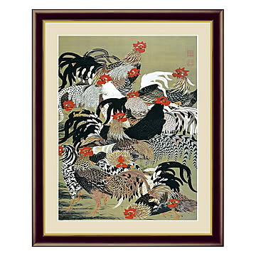 アート 額絵 群鶏図 伊藤 若冲 本紙サイズ F4(約31x23cm) 額サイズ 42x34cm 三幸