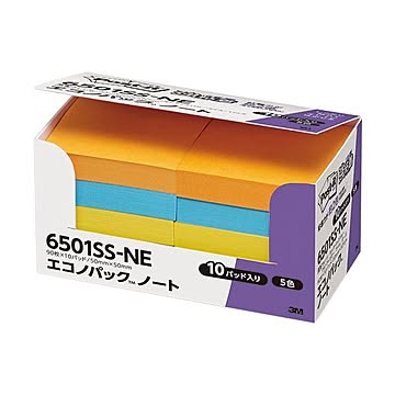 (まとめ) 3M ポストイット エコノパック 強粘着ノート 50×50mm ネオンカラー5色 6501SS-NE 1パック（10冊）  【×10セット】