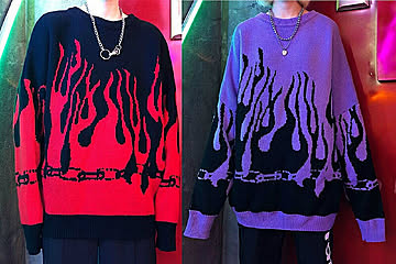 ニット セーター 炎 レッドorパープル ファイア FIRE 火 韓国ファッション 焔 ヒップホップ オルチャン ゴシック