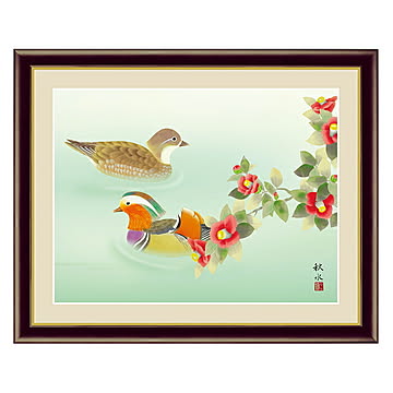 アート 額絵 鴛鴦に椿 浮田 秋水 本紙サイズ F4(約31x23cm) 額サイズ 42x34cm 三幸