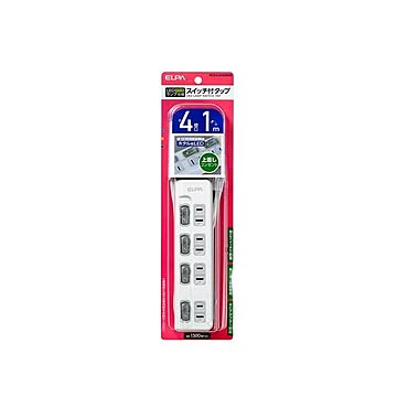 （まとめ） ELPA スイッチ付タップ LEDランプ 上挿し 4個口 1m WLS-LU41EB（W） 【×5セット】