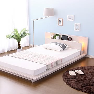 シングルフロアベッド ホワイトオーク 幅122cm ポケットコイルスプリングマットレス付き 宮付き 照明付き 組立品