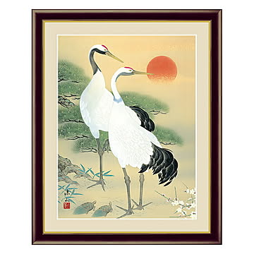 アート 額絵 松竹梅鶴亀 久米 涼山 本紙サイズ F4(約31x23cm) 額サイズ 42x34cm 三幸