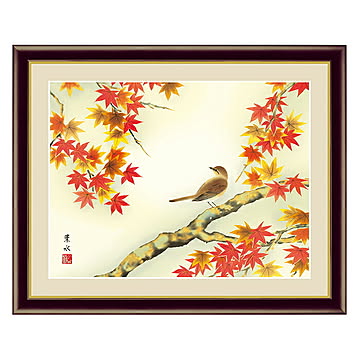 アート 額絵 紅葉に小鳥 緒方 葉水 本紙サイズ F4(約31x23cm) 額サイズ 42x34cm 三幸