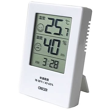 クレセル デジタル時計機能付き 温湿度計 壁掛け・卓上用スタンド付き ホワイト CR-2600W