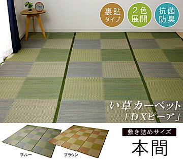 DXピーア い草ラグ 本間6畳 約286×382cm 格子柄 ブルー