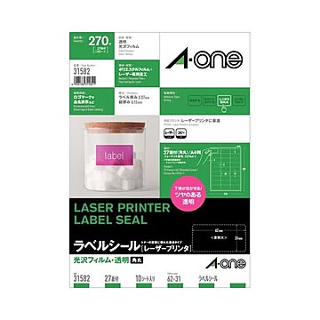 (まとめ) エーワン レーザープリンターラベル 光沢フィルム・透明 A4 27面 62×31mm 31582 1冊(10シート) 【×3セット】