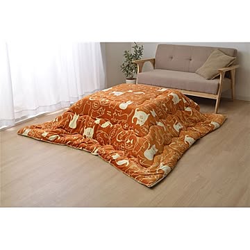 猫柄 こたつ布団 【長方形 オレンジ 約190cm×240cm】 洗える フランネル素材 〔リビング〕