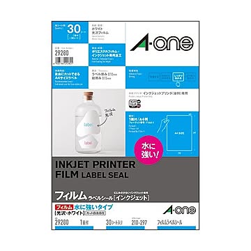 (まとめ）エーワン ラベルシール[インクジェット]水に強いタイプ 光沢フィルム・ホワイト A4 ノーカット 29280 1冊(30シート)【×3セット】