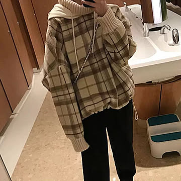 【在庫限り】チェック柄　ハイネック　プルオーバー パーカー  ストリートパーカー  オーバーサイズ k-pop hiphop レディースファッション