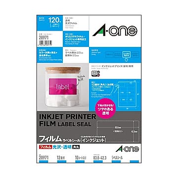 まとめエーワン ラベルシール[インクジェット]光沢フィルム・透明 A4 12面 83.8×42.3mm 28971 1冊10シート ×3セット