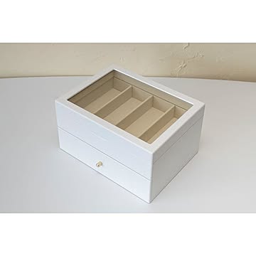 ホワイト収納ケース 引き出し1杯 8本オープン型 メガネ&腕時計 幅26.5cm 天然木化粧繊維板 ガラス 完成品