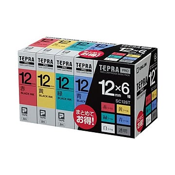(まとめ）キングジム テプラ PRO テープカートリッジ ベーシックパック 12mm 赤・黄・緑・青・白・透明/黒文字 SC126T 1パック(6個:各色1個)【×3セット】