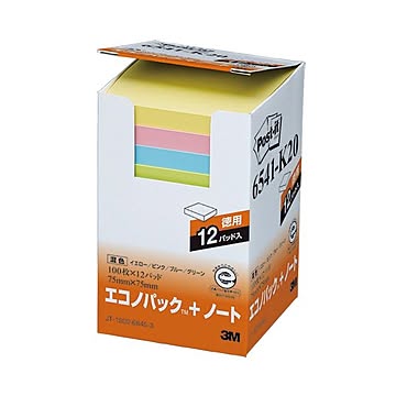 (まとめ) 3M ポストイット エコノパック ノート 再生紙 75×75mm 4色 6541-K20 1パック（12冊）  【×5セット】