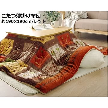 ギャッベ柄 こたつ布団/寝具 【正方形 レッド 約190×190cm】 洗える 吸湿発熱 撥水加工 抗菌防臭 〔リビング〕