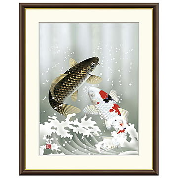 額絵 夫婦滝昇鯉 森山観月 61x49.5cm 三幸